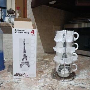 Uniware 4pc. Eiffel Tower Paris Stacking Porcelain Expresso Coffee Mug w/Rack
